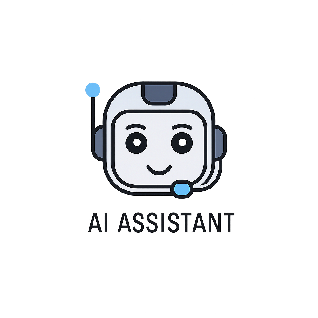 Logo d'un assistant AI sous forme d'un visage de robot souriant portant un casque avec un micro, avec le texte 'AI ASSISTANT' en dessous.