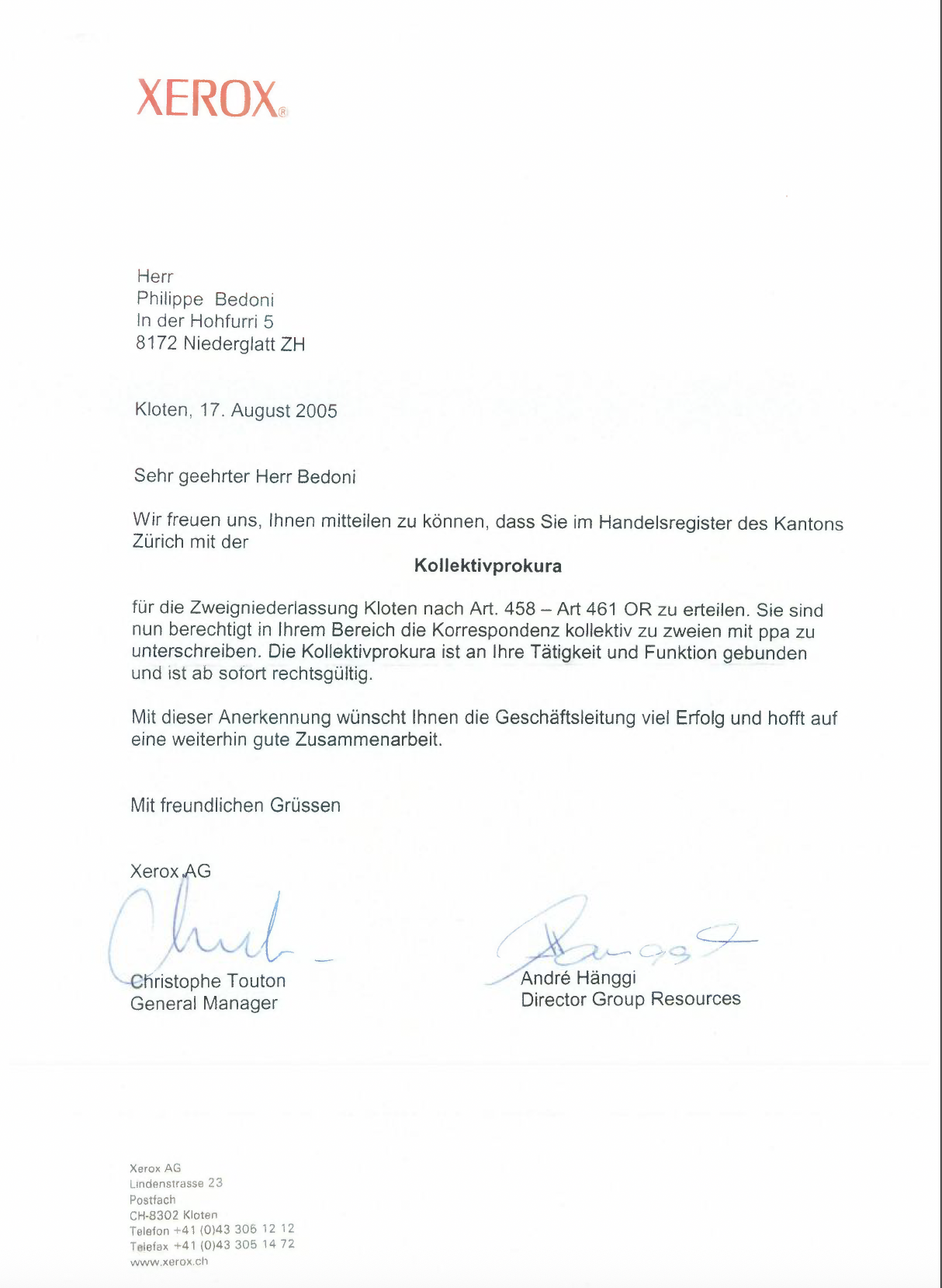 Lettre officielle de Xerox datée du 17 août 2005, adressée à Philippe Bedoni, signée par Christophe Touton et André Hänggi.