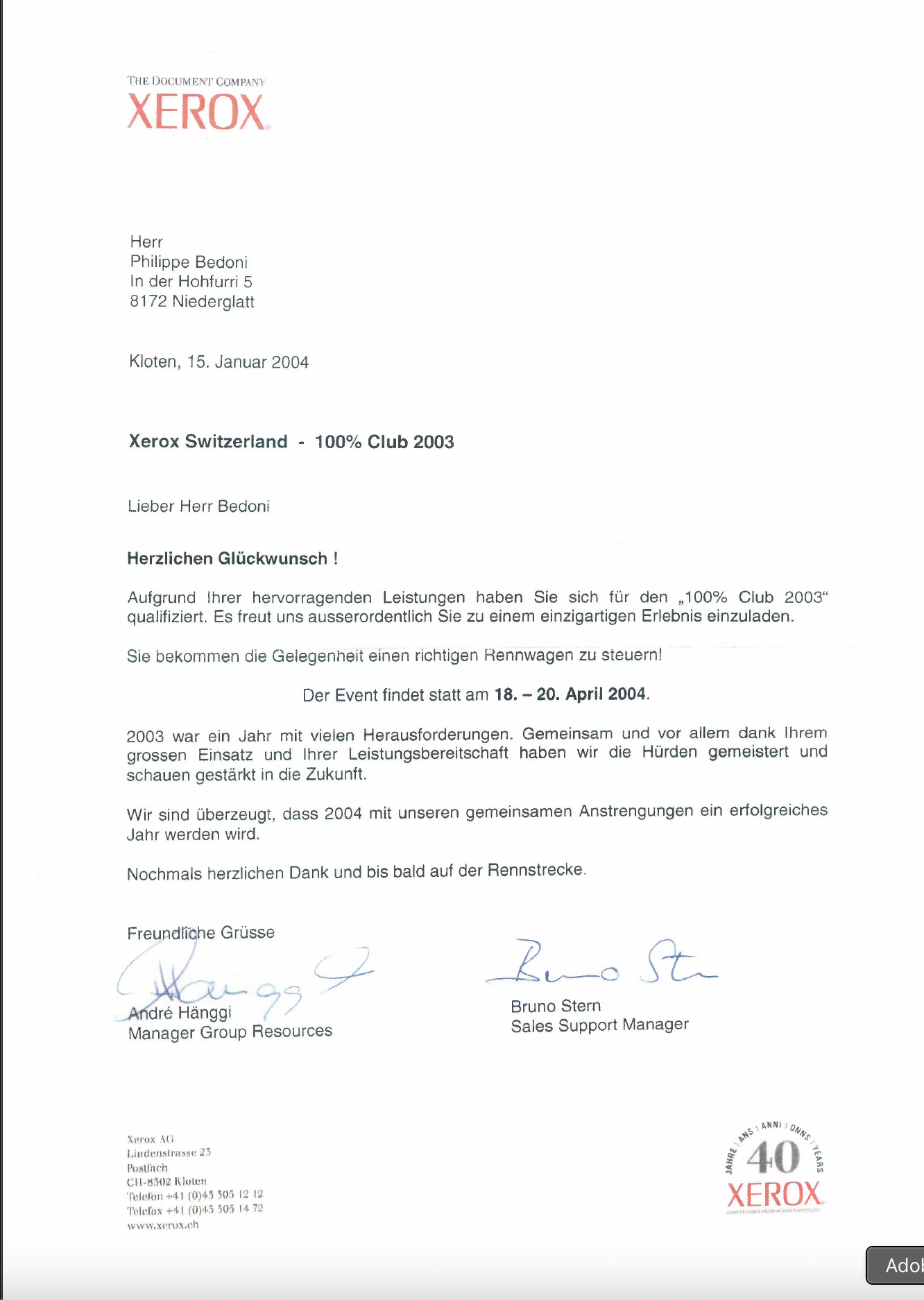 Lettre de félicitations d'Xerox Suisse pour la qualification au '100% Club 2003', datée du 15 janvier 2004, signée par André Hänggi et Bruno Stern.