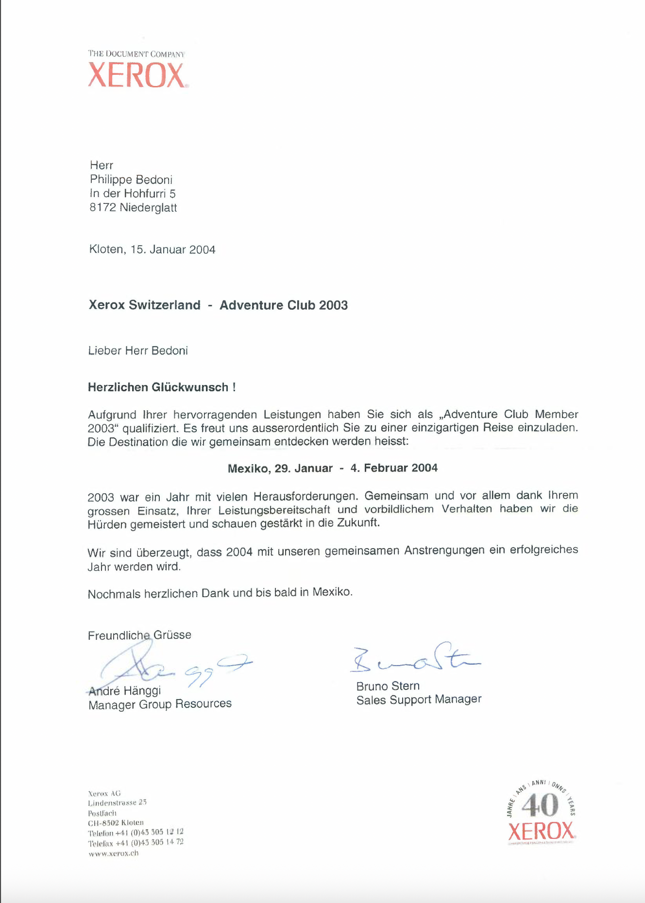 Lettre de félicitations de Xerox Schweiz pour la participation à l'Adventure Club 2003, datée du 15 janvier 2004, adressée à Monsieur Philippe Bedoni, avec signatures manuscrites en bas, logo Xerox en haut à gauche et logo anniversaire 40 ans Xerox en bas à droite.