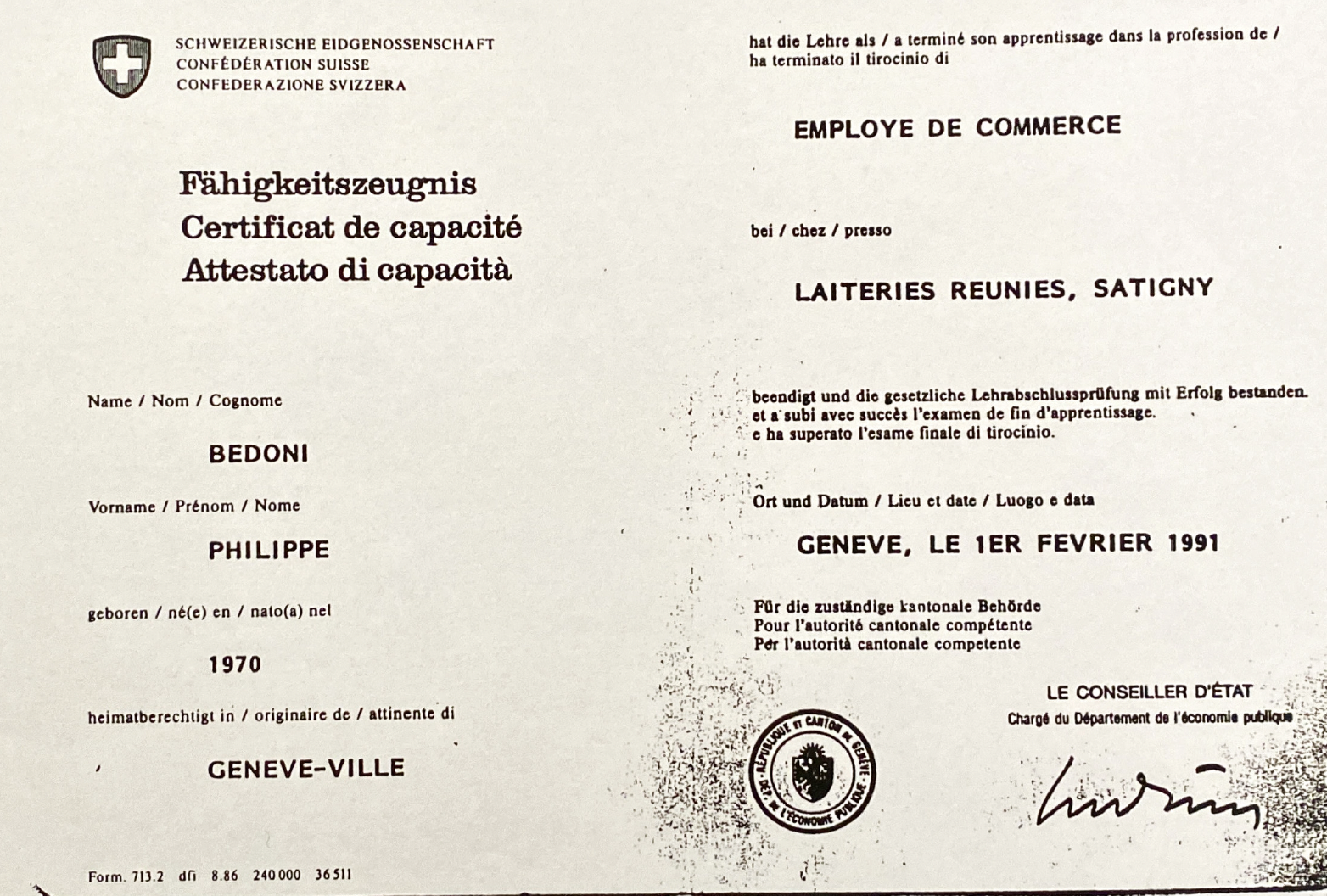 Certificat de capacité pour un emploi dans une entreprise, délivré par la Confédération Suisse, avec un logo de la Croix-Rouge et un cachet officiel, daté du 1er février 1991, à Genève.