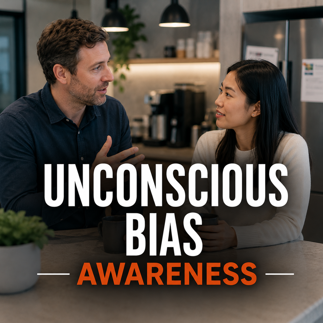 A white manager speaking with an asian female direct report sitting in the office kitchen with the title Unconscious Bias Awareness