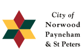 The logo of the City of Norwood Payneham & St Peters, featuring a geometric star design with red, yellow, and green sections, and the city's name written beside it.