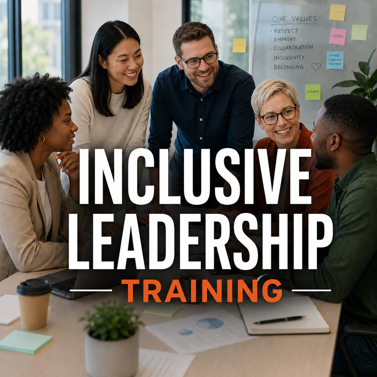 A multicultural team talking to each other at work looking relaxed and happy with inclusive leadership training title