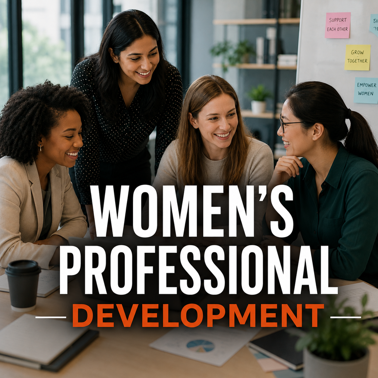 Multicultural women around a table talking to each other in a relaxed way with Women's Professional Development title text