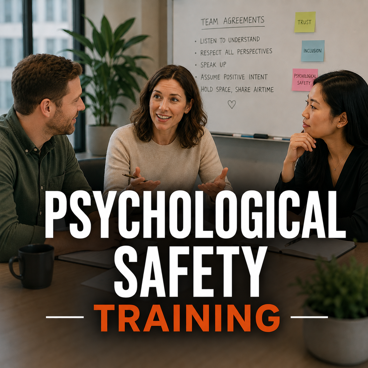 A female manager is speaking with her two direct reports, a man and a woman in a relaxed way with text title Psychological Safety Training