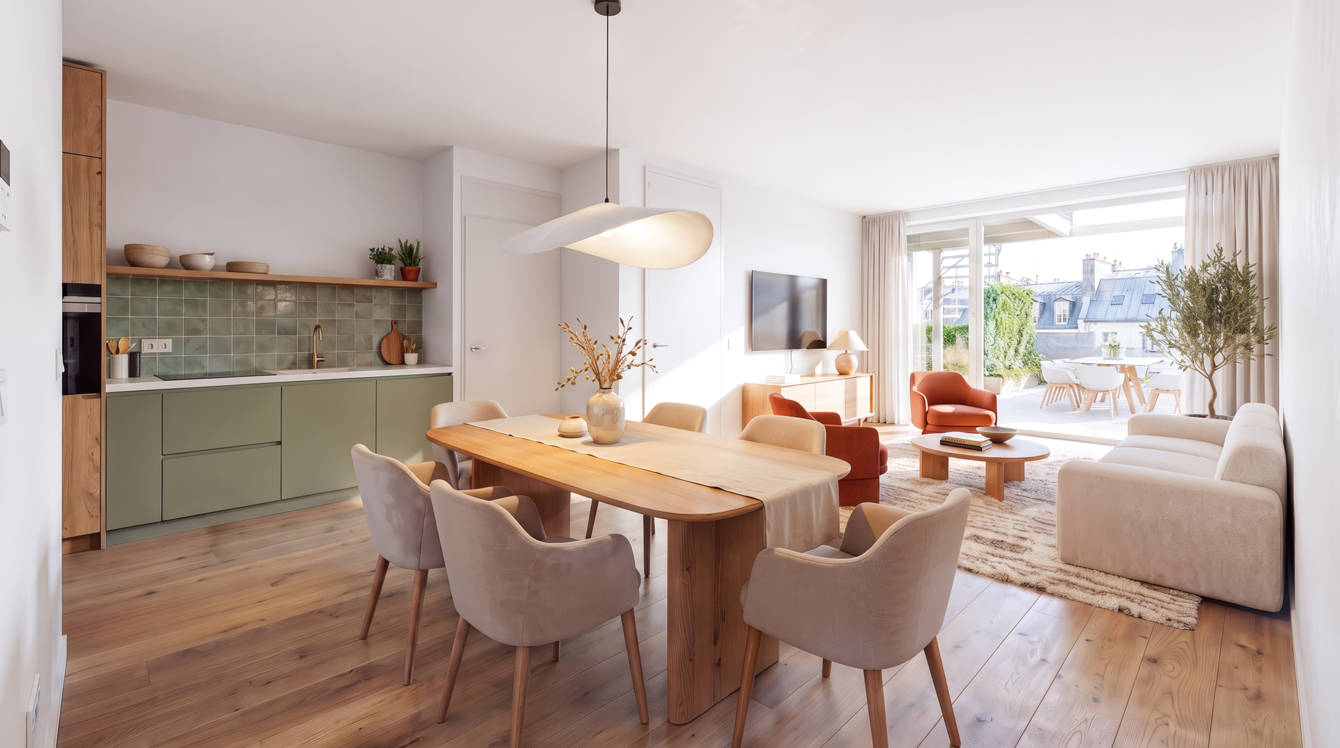 nterieurimpressie van een appartement aan de Dorpsstraat in Lunteren, woonkamer met keuken