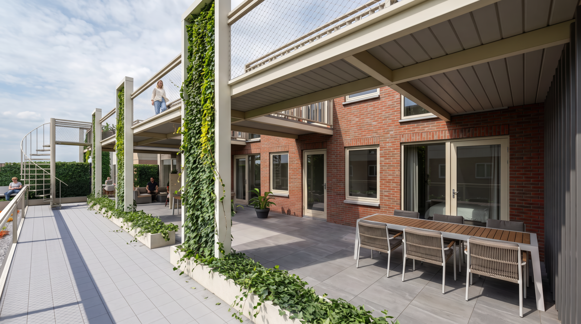 Artist impression van het dakterras met beplanting en bewoners, Dorpsstraat Lunteren