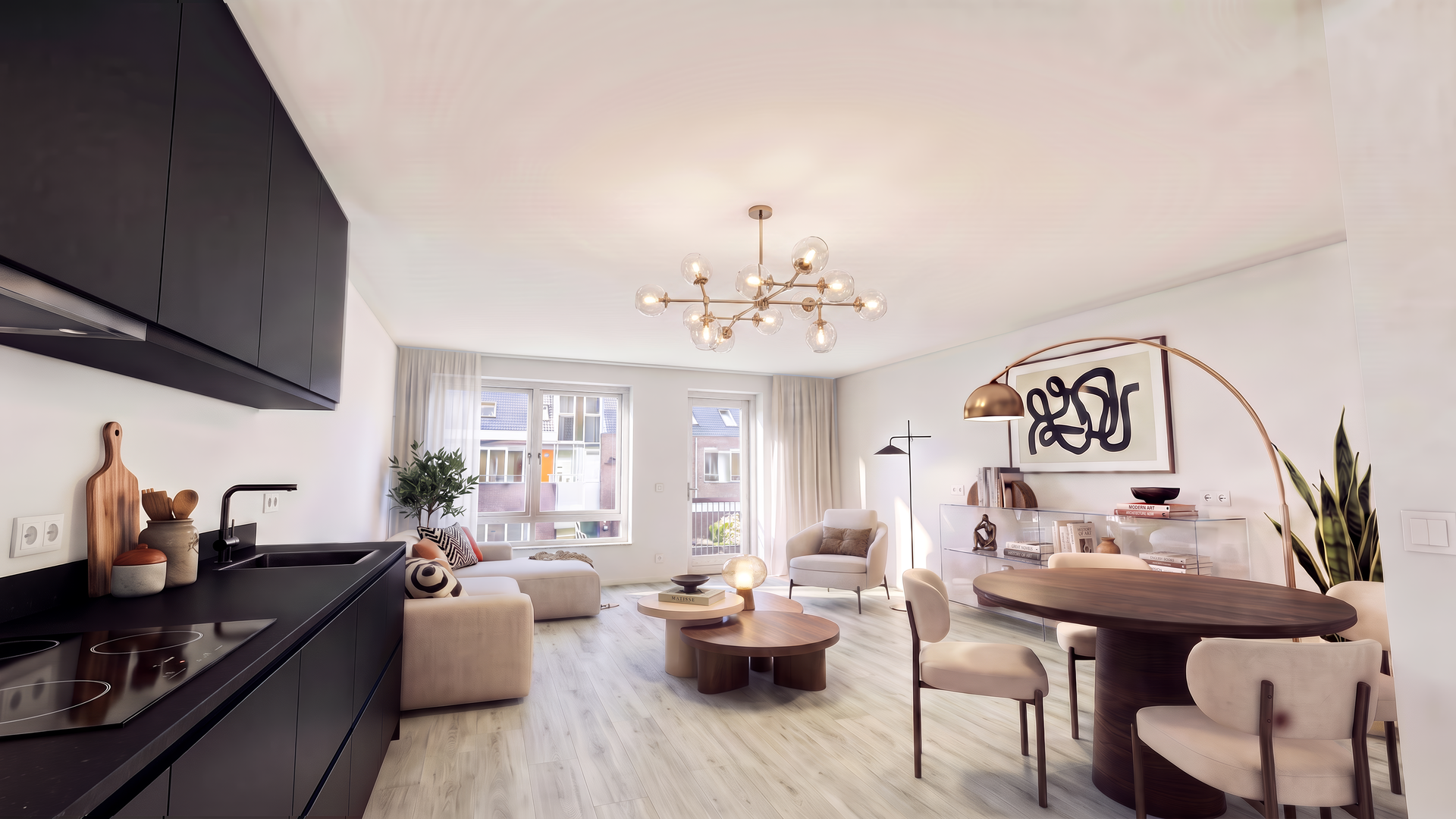 Interieurimpressie van een appartement aan de Dorpsstraat in Lunteren, woonkamer in daglicht