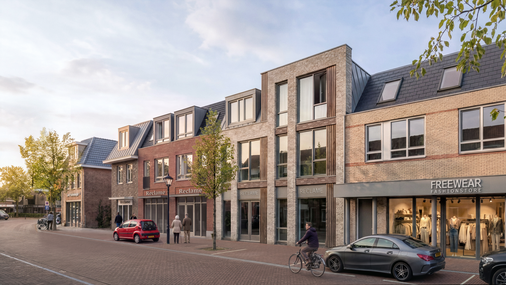 Artist impression van de voorgevel aan de Dorpsstraat in Lunteren, winkels met appartementen erboven