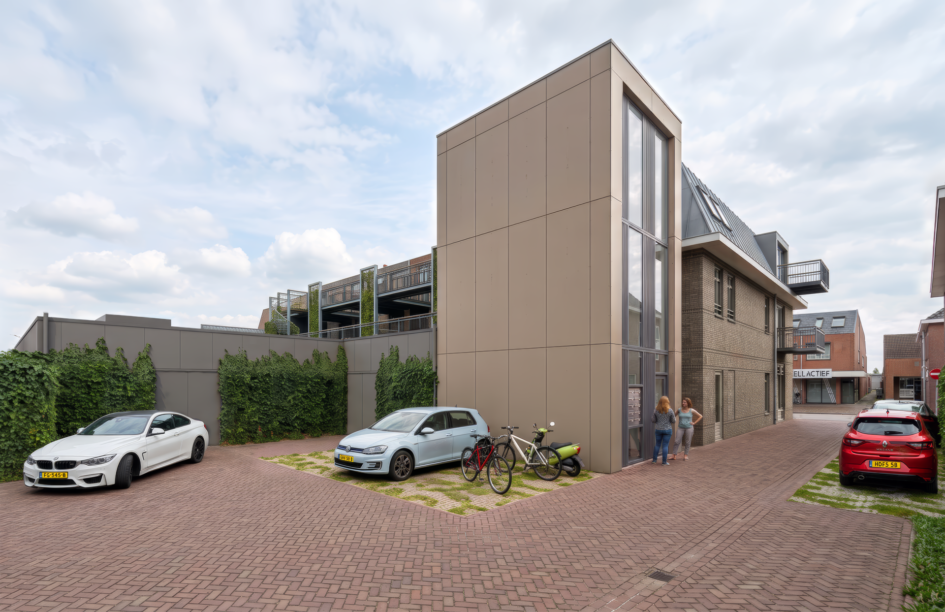 Artist impression van de achterzijde met parkeerplaats, appartementen Dorpsstraat Lunteren