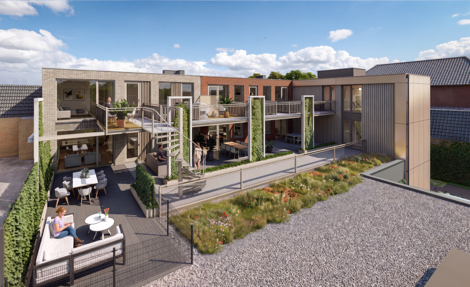 Artist impression in vogelvlucht van het appartementencomplex aan de Dorpsstraat in Lunteren