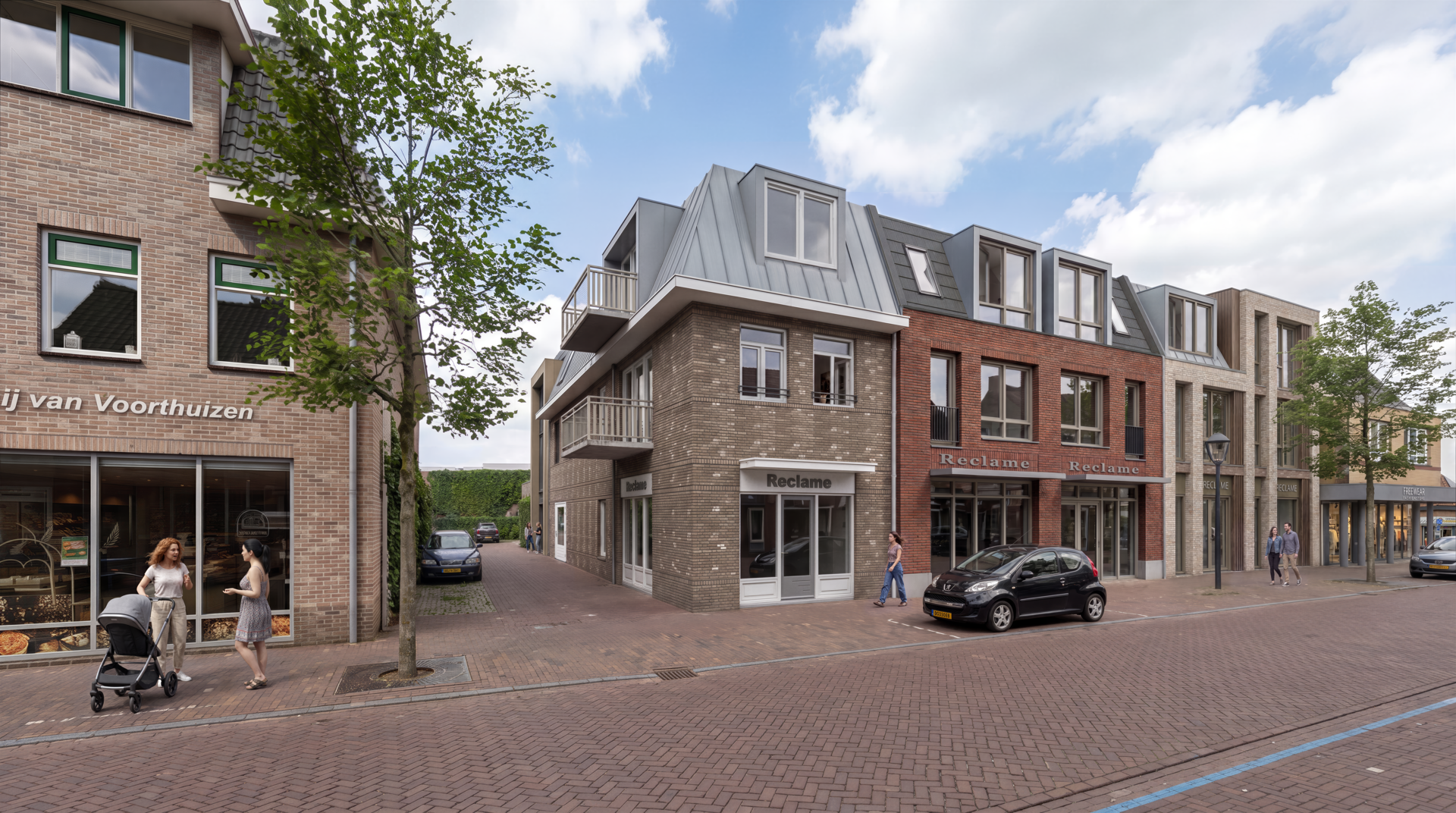 Artist impression van de voorgevel en de steeg, appartementen Dorpsstraat Lunteren