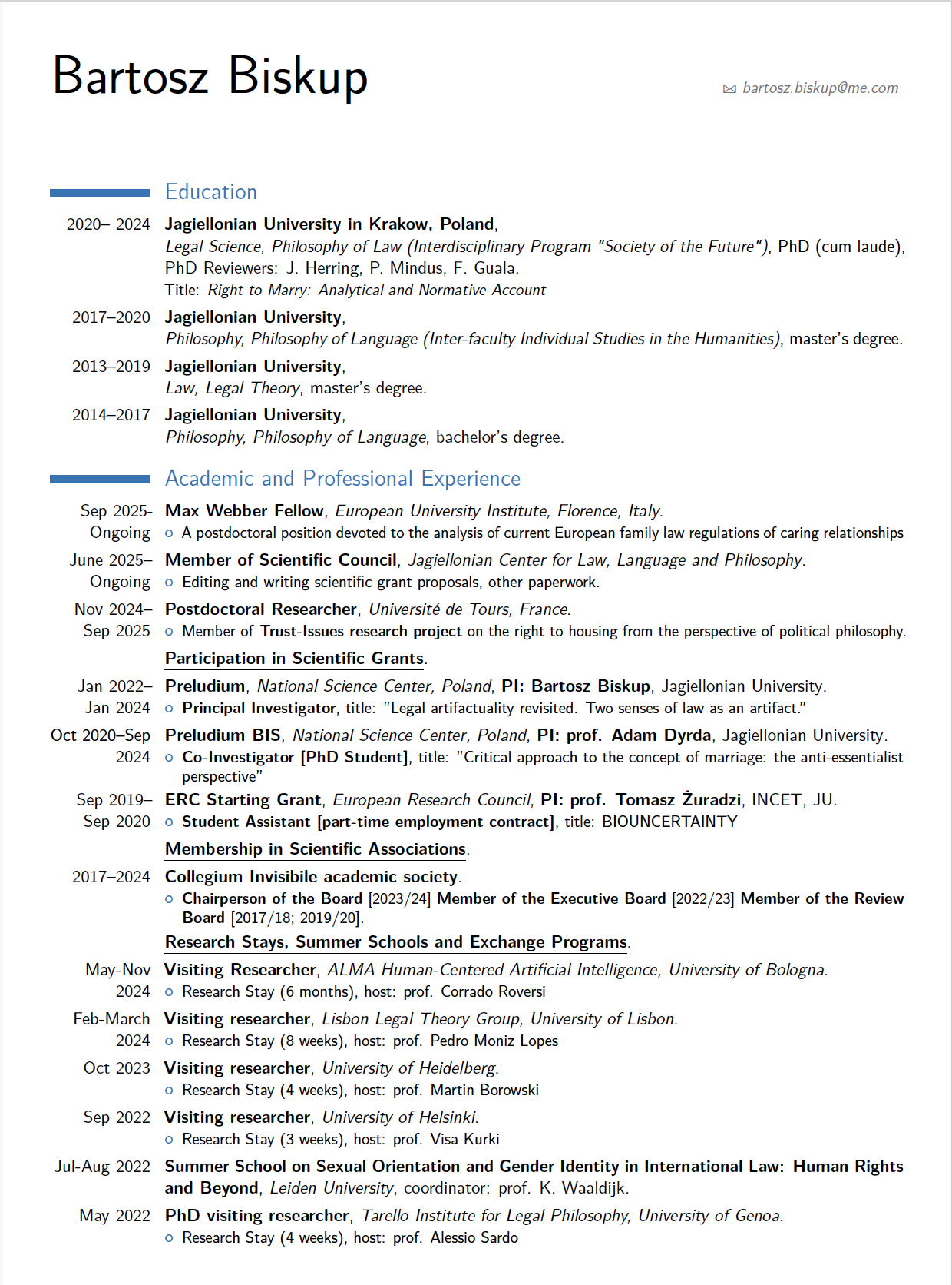 A detailed academic curriculum vitae of Bartosz Biskup outlining education, professional experience, research projects, memberships, and visiting researcher roles at various universities.