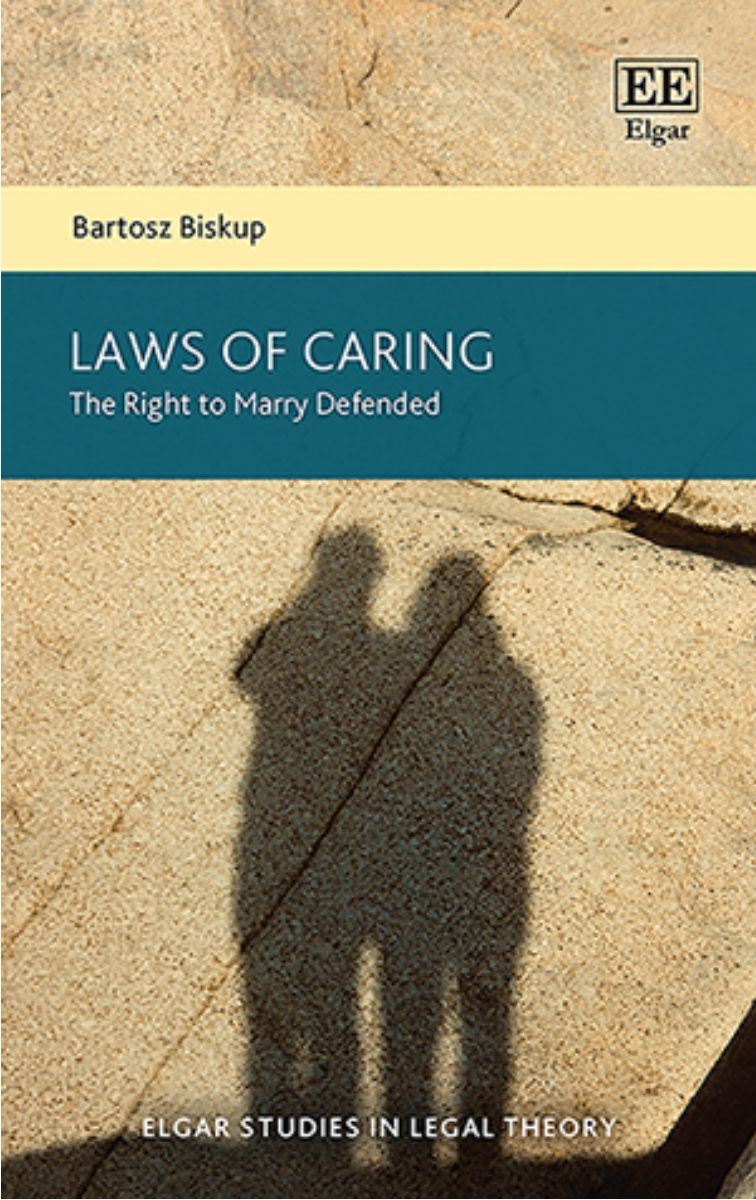 A book cover with a shadow of two people on a sandy surface, titled "Laws of Caring: The Right to Marry Defended" by Bartosz Biskup.