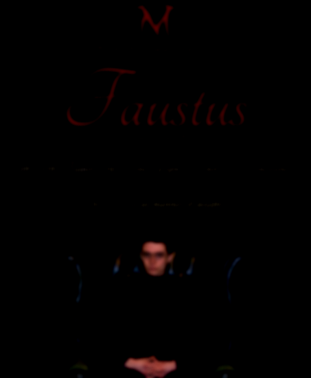 Dark background with red text reading 'Maester Faustus' and a faint image of a person in black clothing sitting at a table beneath the text.