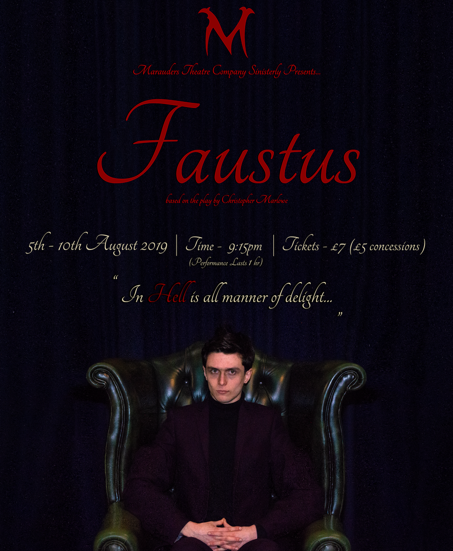 Poster for the theater production of Faustus by Marauders Theatre Company, featuring a young man sitting on a green leather armchair with dark curtains in the background.