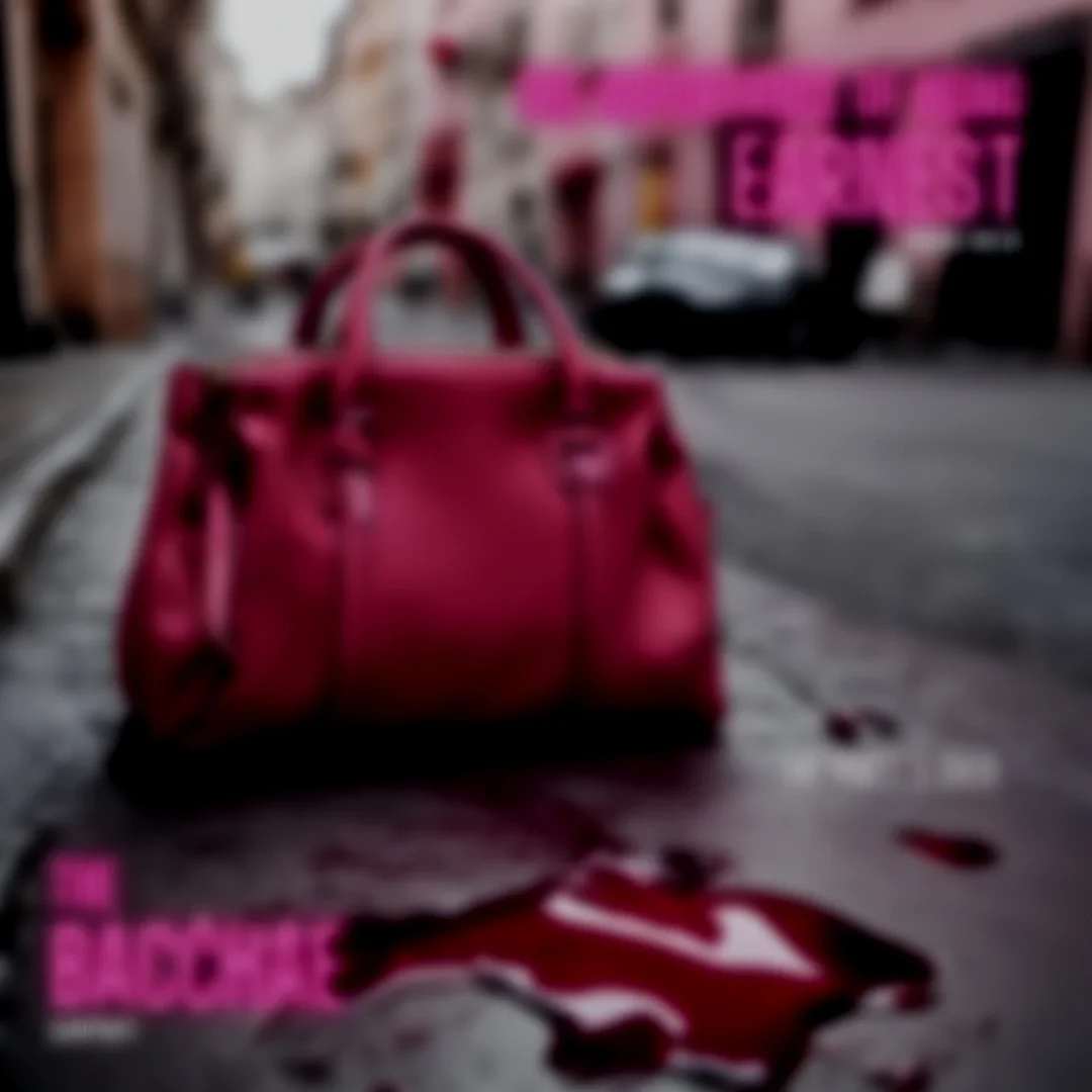 Pink handbag placed on a wet street with a bloodstain nearby, in an urban setting with blurred storefronts and signs.