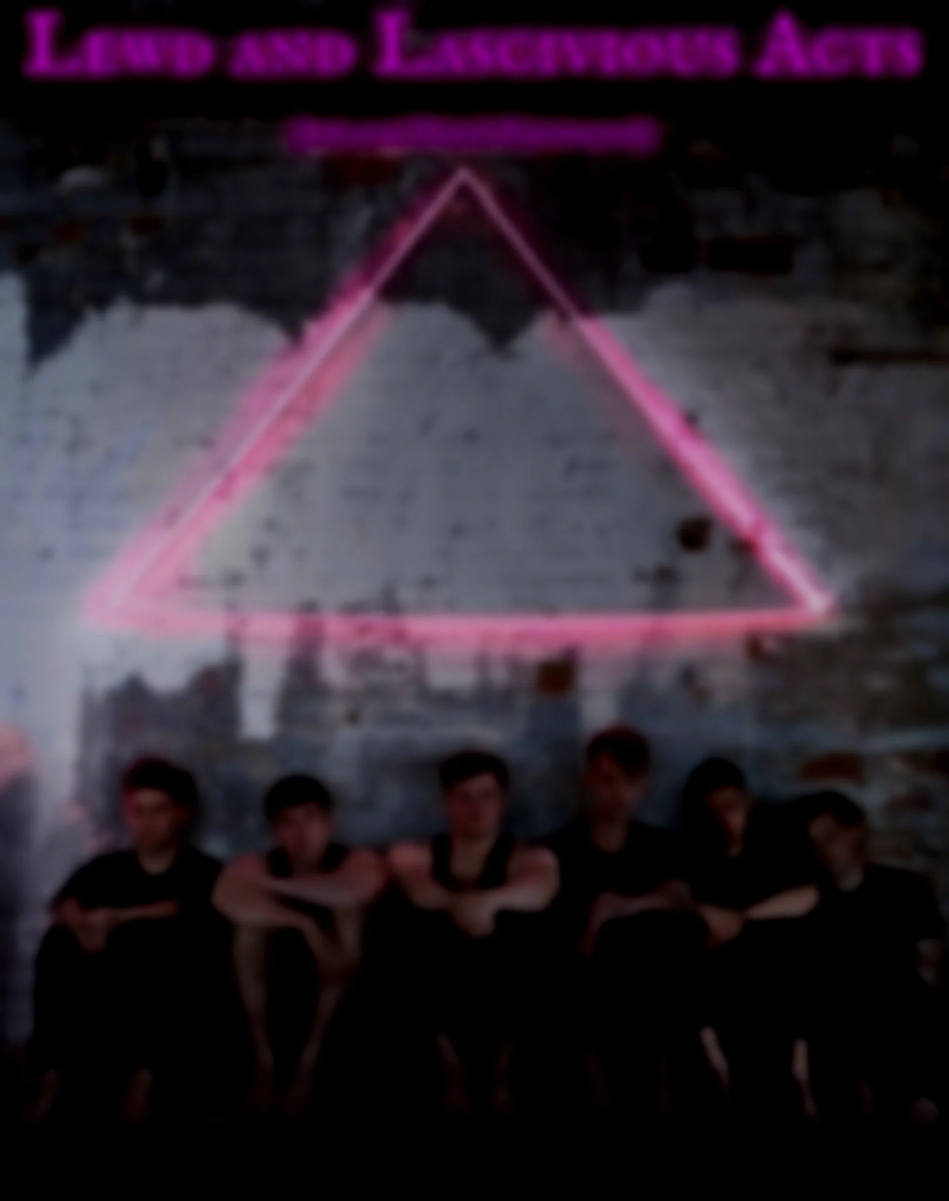 A neon pink triangle drawing with the words 'Land and Livestock Acts' above it, and a row of six people sitting in front of a textured wall.