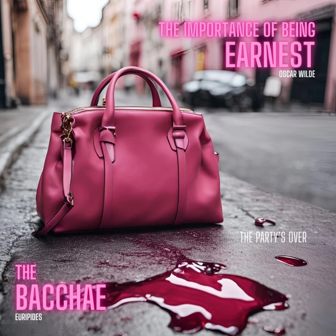 A pink handbag on a city street with a bloodstain and blood drops on the ground nearby. Text overlay includes quote from Oscar Wilde about being earnest, and other phrases like 'The party's over' and 'The bacchae Euripides'.