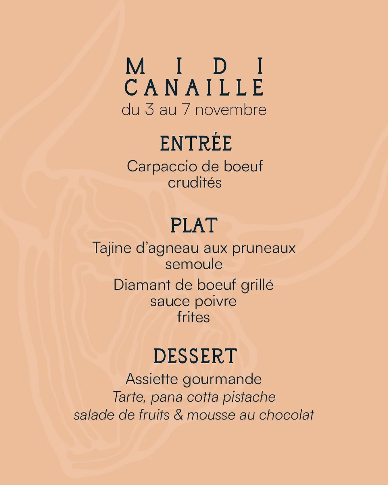 La formule dej&rsquo; fait peau neuve : place au Midi Canaille ! 🥩
Du lundi au vendredi, le Diable Bleu sort son tablier et r&eacute;gale les bons vivants entre 11h45 et 14h. Un vrai repas de bistrot, sans chichi, avec ce qu&rsquo;il faut de go&ucir