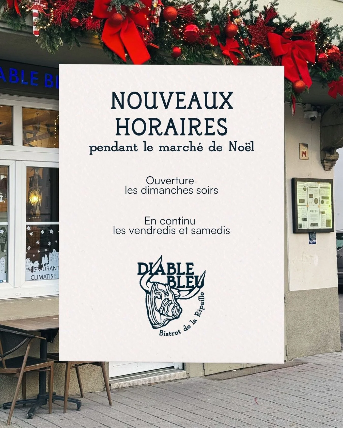 &Ccedil;a y est, ce soir c&rsquo;est le d&eacute;but du March&eacute; de No&euml;l ! ✨
Pour l&rsquo;occasion, on change nos horaires :

- D&eacute;sormais ouverts les dimanches soirs de 18h45 &agrave; 23h00
- Ouverts en continu les vendredis et samed