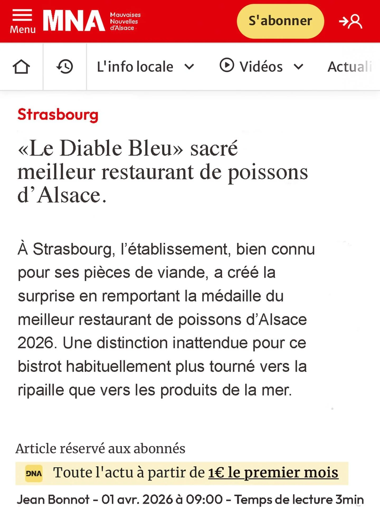 On a ferr&eacute; le gros lot ! 🐟
Notre &eacute;tablissement a re&ccedil;u la m&eacute;daille du meilleur restaurant de poissons d&rsquo;Alsace 2026 🥹

Tr&egrave;s fiers de cette distinction qui r&eacute;compense nos ann&eacute;es d&rsquo;efforts !