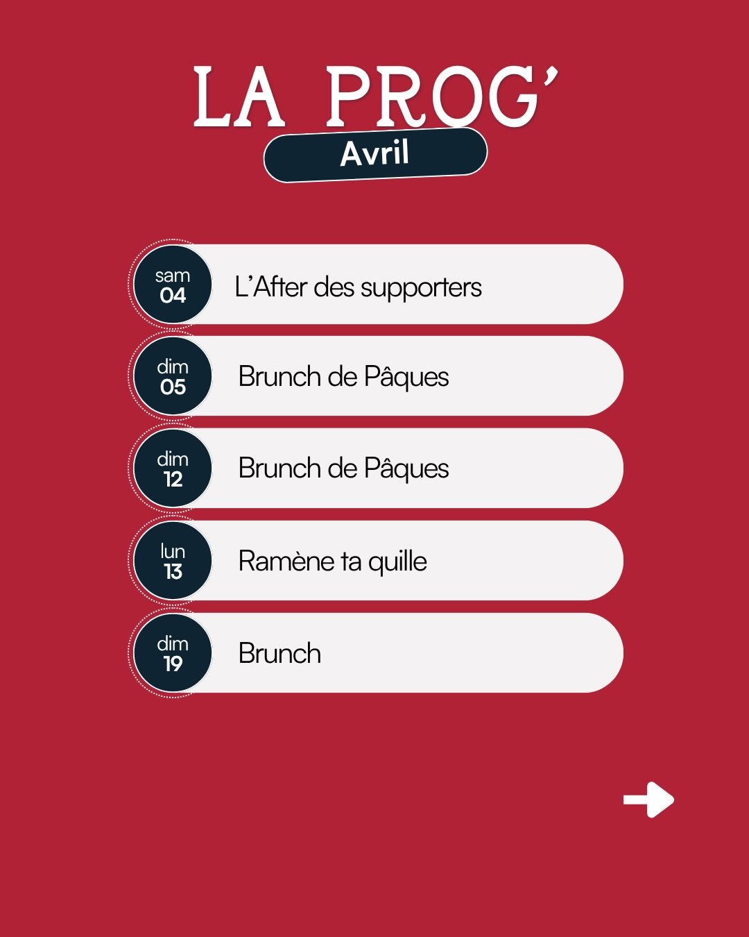 La prog&rsquo; d&rsquo;avril est l&agrave; ! 

Petit point horaires : nous serons ouverts tout le week-end de P&acirc;ques, soit vendredi 3, samedi 4 et dimanche 5 avril. 
En revanche, nous serons ferm&eacute;s le lundi 6 avril.

Et ce dimanche 5 avr