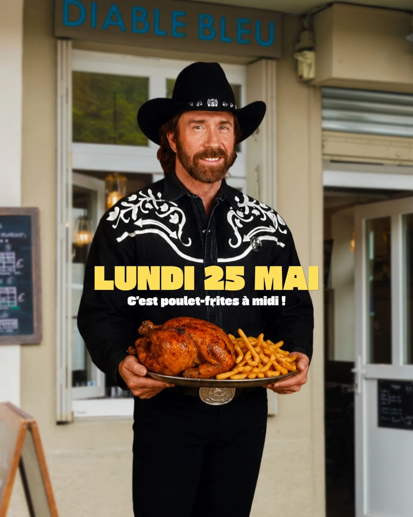 Pour les nostalgiques des dimanches poulet-frites devant Texas Ranger, et en hommage &agrave; Chuck Norris... lundi 25 mai &agrave; midi, c&rsquo;est poulet-frites au Diable Bleu. 🍗🤠

Le temps d&rsquo;un repas, on replonge dans ces dimanches o&ugra