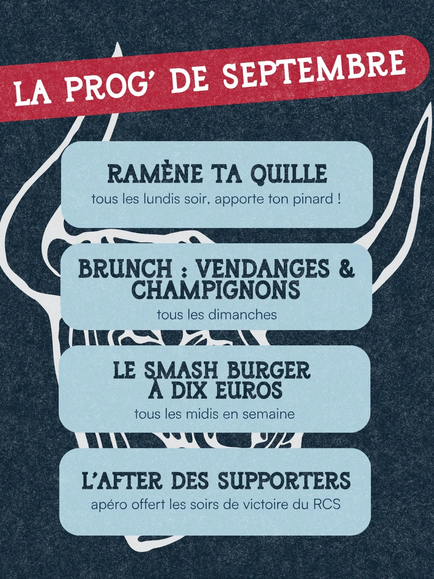 Il se passe quoi au Diable Bleu en septembre ? 👀

🎳 Ram&egrave;ne ta quille &ndash; tous les lundis soir, pour une cote ou un tranch&eacute; achet&eacute;, tu peux ramener ta bouteille sans droit de bouchon !
🍂 Brunch &agrave; volont&eacute; : ven