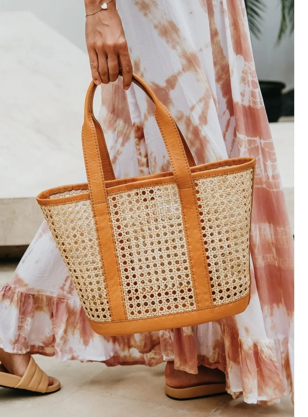 .Handmade tan leather and cane woven tote bag, Magnolia by Pink Haley.jpeg