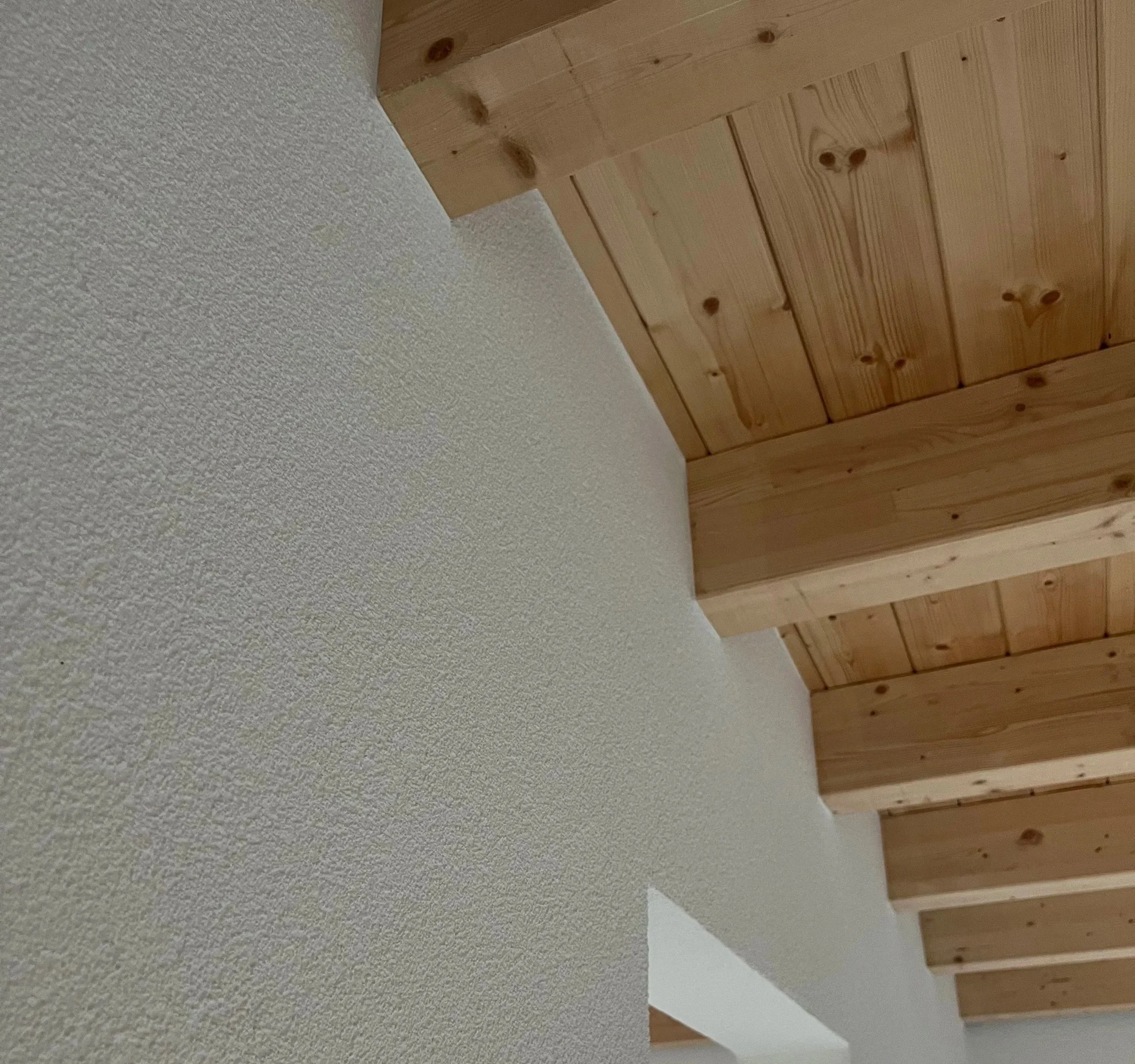 Blick auf eine Zimmerdecke mit Holzvertäfelung und weiß gestrichene Wand.