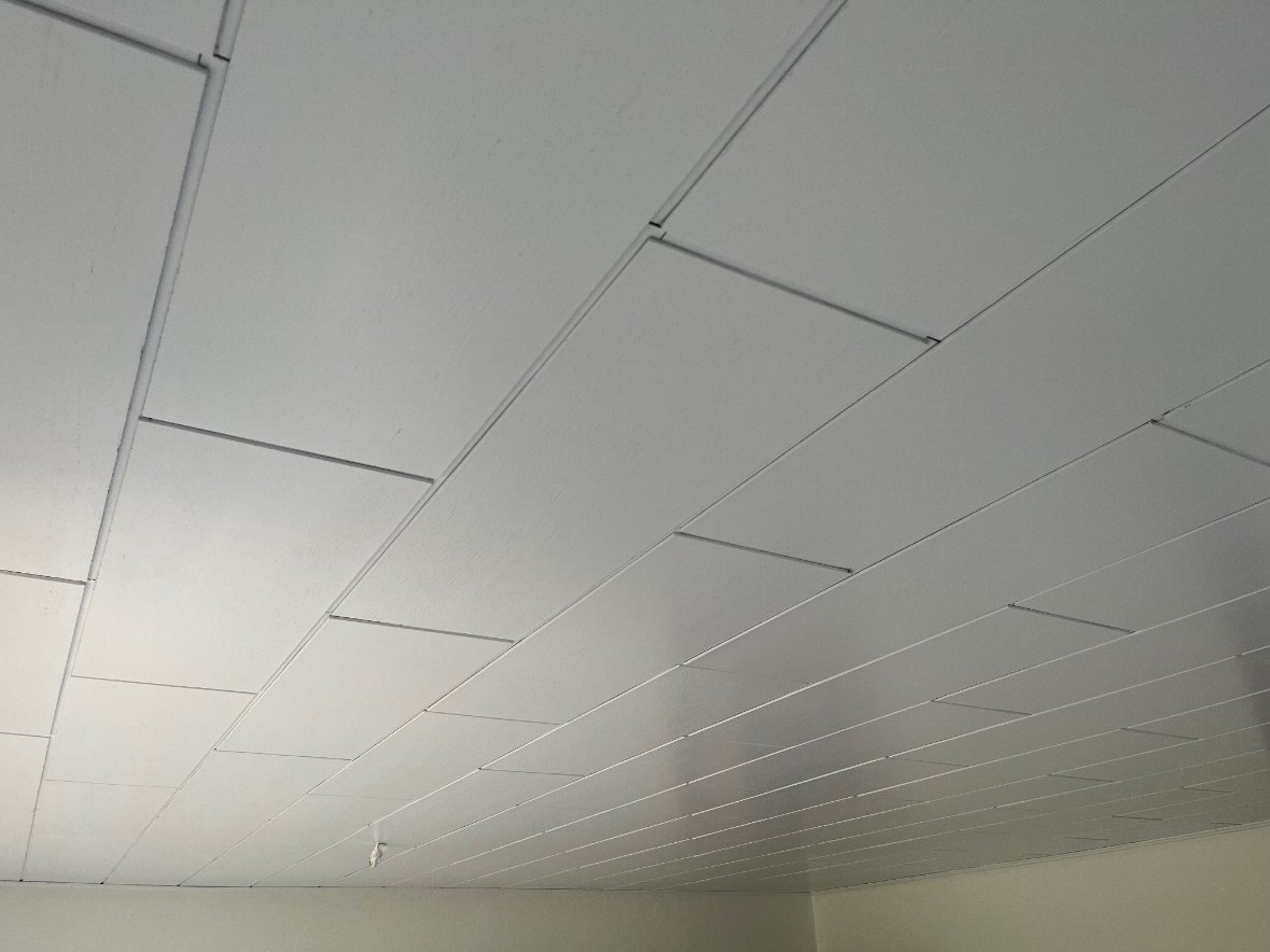 Decke mit weißen Wandpaneelen im Innenraum.