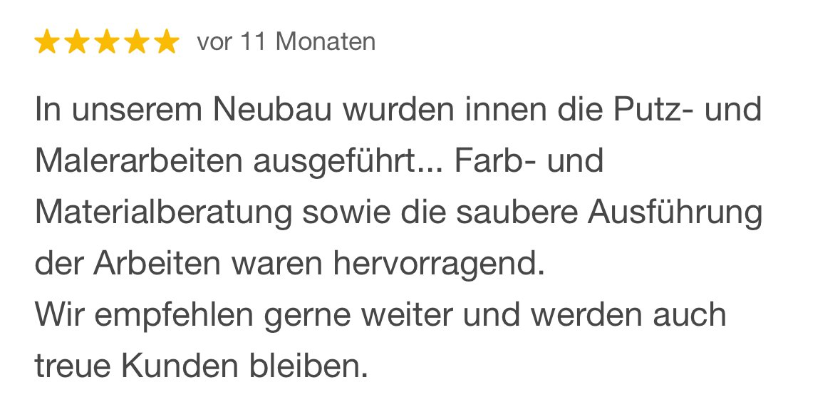 Bewertung mit fünf Sternen, Text über Innenausbau eines Neubaus, Handwerksarbeiten, Farb- und Materialberatung, saubere Ausführung, Weiterempfehlung, Kundenbindung.