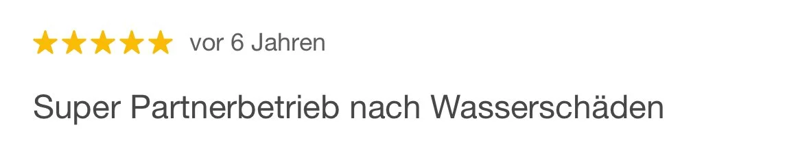 Bewertung mit fünf Sternen, Text 'vor 6 Jahren', Überschrift 'Super Partnerbetrieb nach Wasserschäden'.
