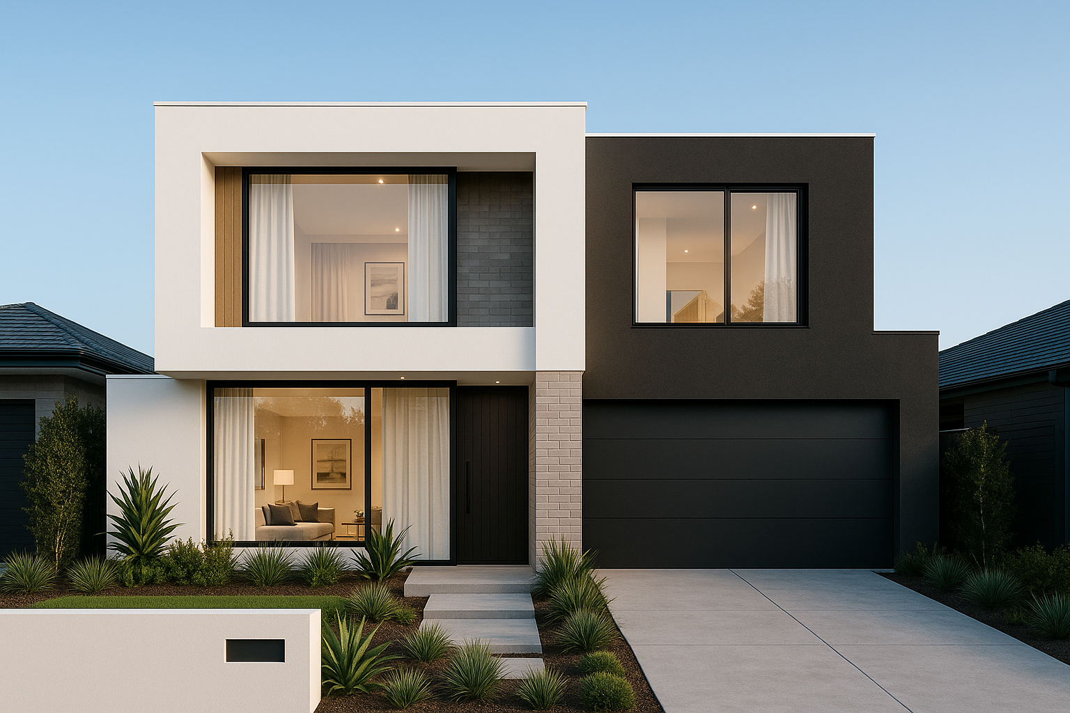 Modern two-story house with black and white exterior, large front windows, a black garage door, and landscaping with small bushes and grasses.