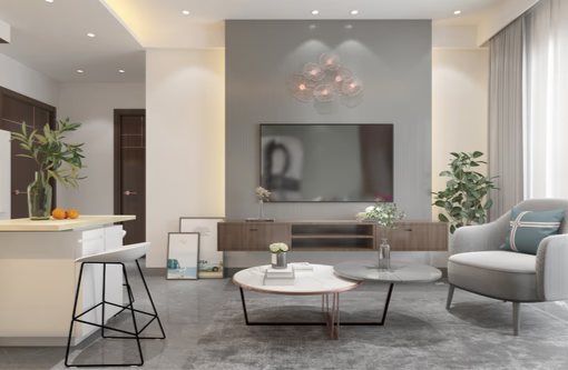 Modern living room with a wall-mounted TV, coffee tables, a gray armchair, and potted plants.