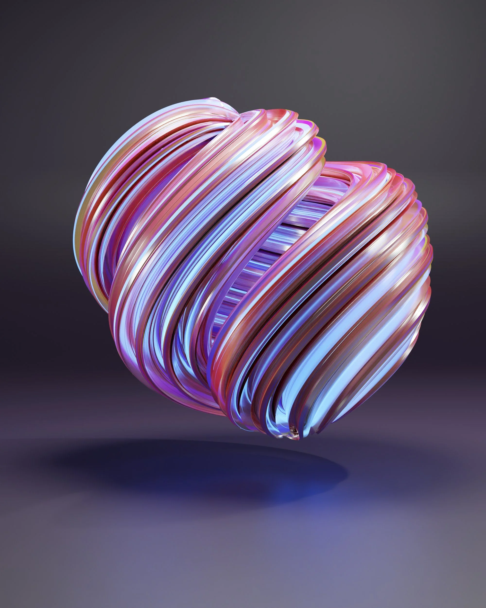 Abstract 3D digital art of a spherical object made of colorful, swirling, ribbon-like strands with shades of purple, pink, and blue against a dark background.