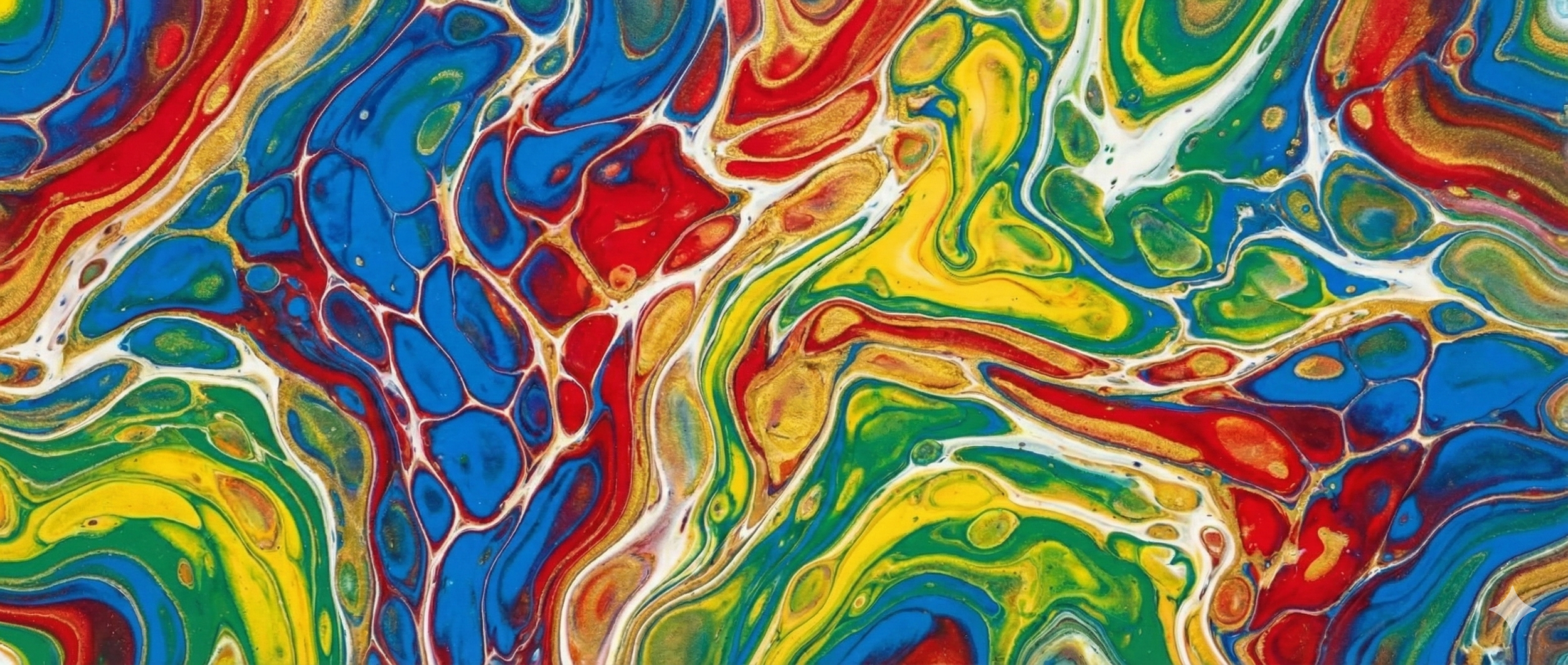 Abstract colorful swirling pattern with red, blue, yellow, green, and white colors.