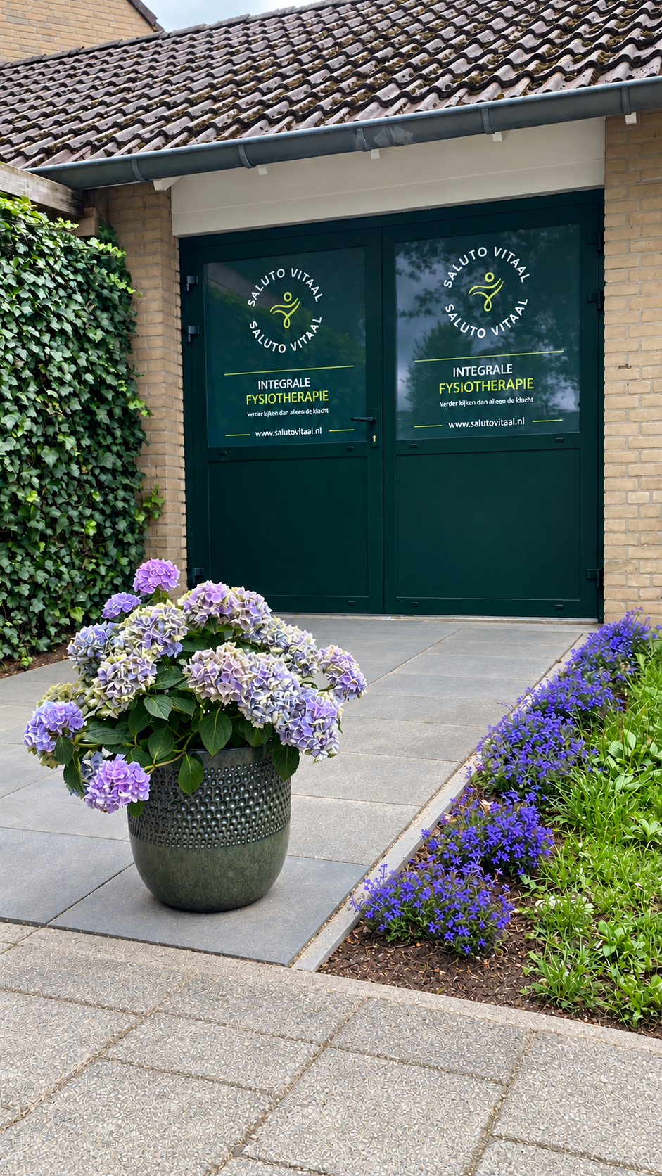 Een groene deur met logo en tekst voor een praktijk genaamd Salutovitaal, omgeven door planten en bloemen in een pot en langs de stoep.