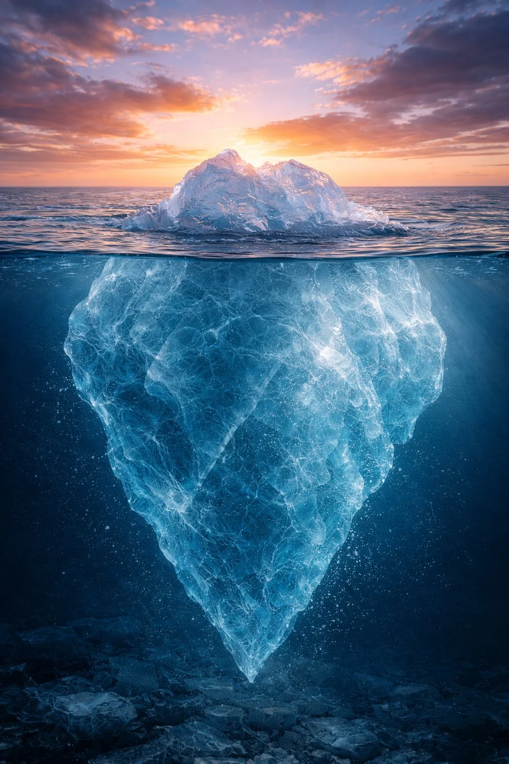 Sunset over the ocean with a large iceberg floating, showing a visible underwater portion shaped like a diamond.