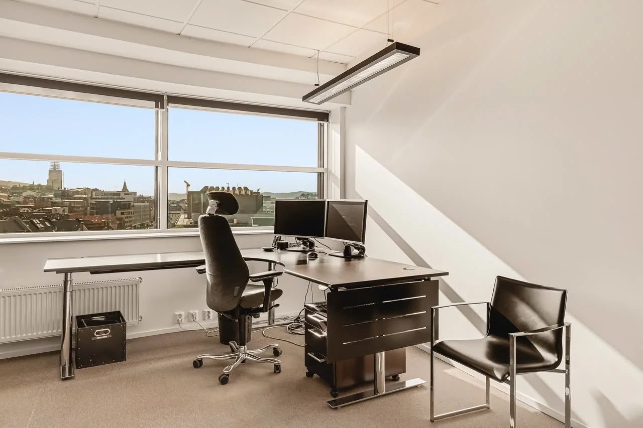 En kontorplass med byutsikt og naturlig lys.