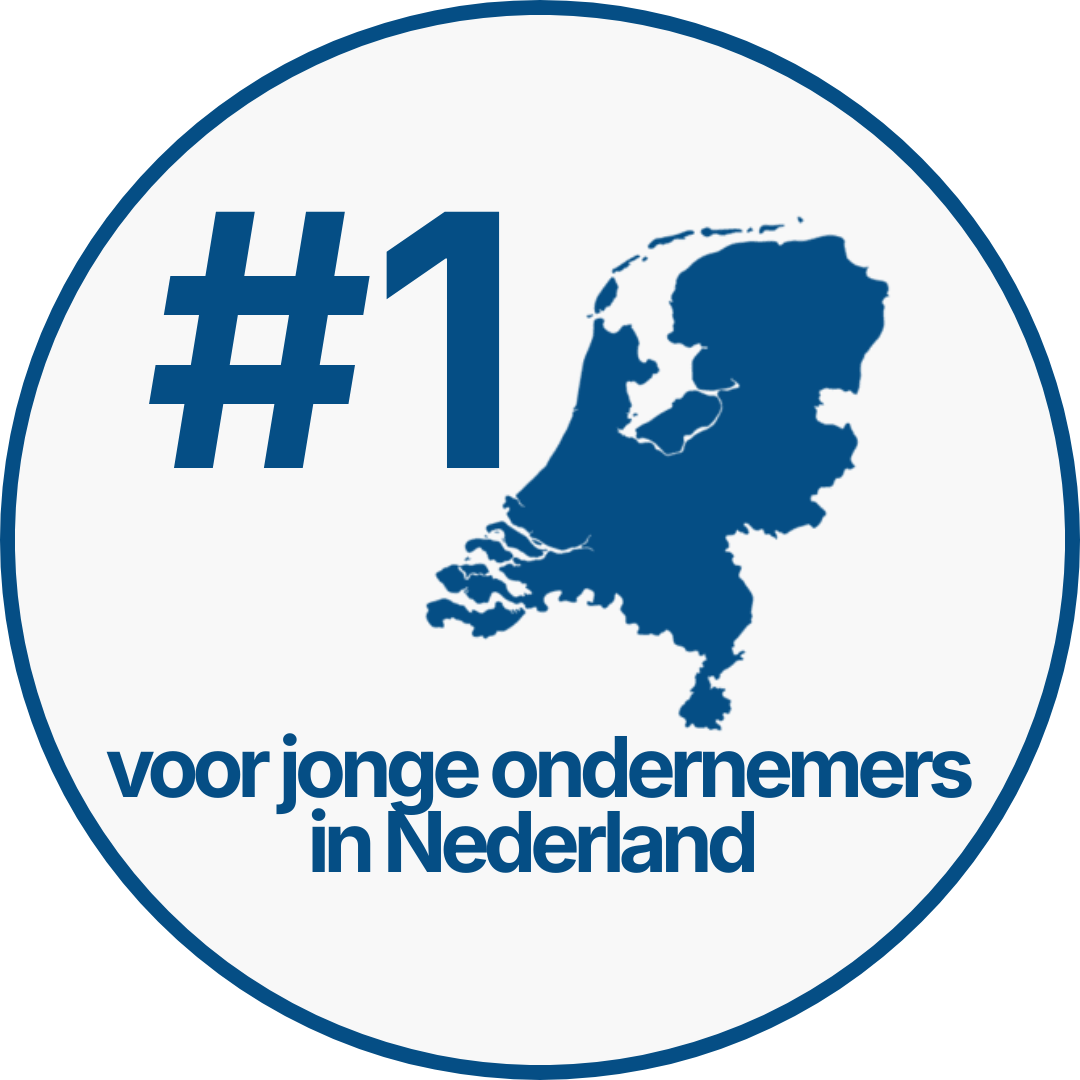Een badge met de tekst '#1 voor jonge ondernemers in Nederland' en een afbeelding van het land Nederland.