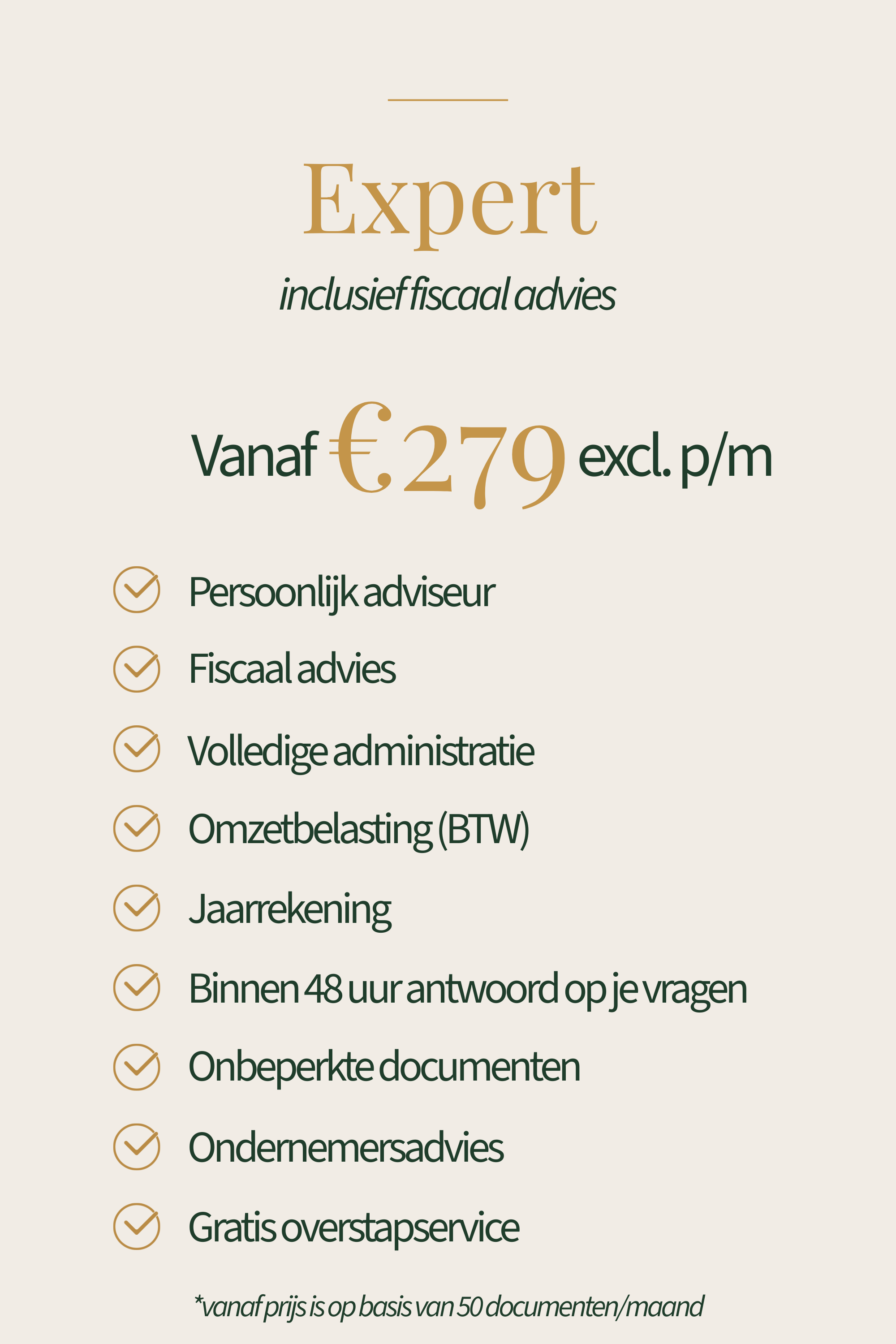 Advertentie voor een expertsadviesdienst, met prijzen vanaf €279 per maand, inclusief fiscale en administratieve diensten, en met verschillende adviesmogelijkheden en aanvullende services.