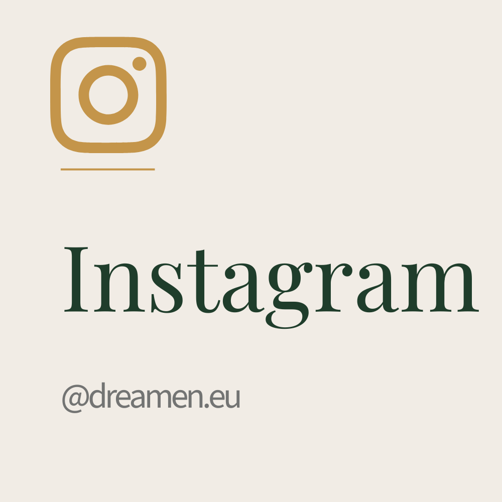 Instagram logo, de tekst 'Instagram' en de gebruikersnaam '@dreamen.eu' op een lichte achtergrond.