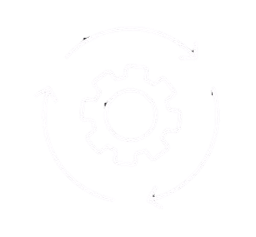 Twee witte pijlen cirkelen rond een witte tandwiel op een zwarte achtergrond.
