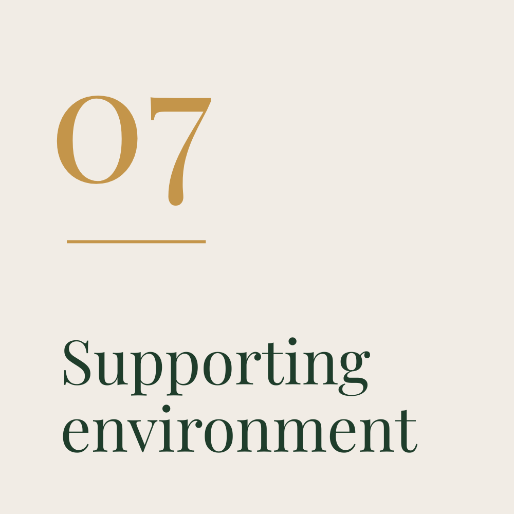 Een ontwerp met de datum 07 en de tekst 'Supporting environment' op een lichte achtergrond.