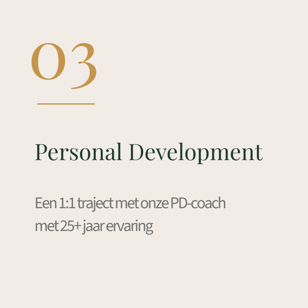 Tekst op een achtergrond dat Personal Development beschrijft, met informatie over een 1-op-1 traject met een PD-coach en meer dan 25 jaar ervaring.