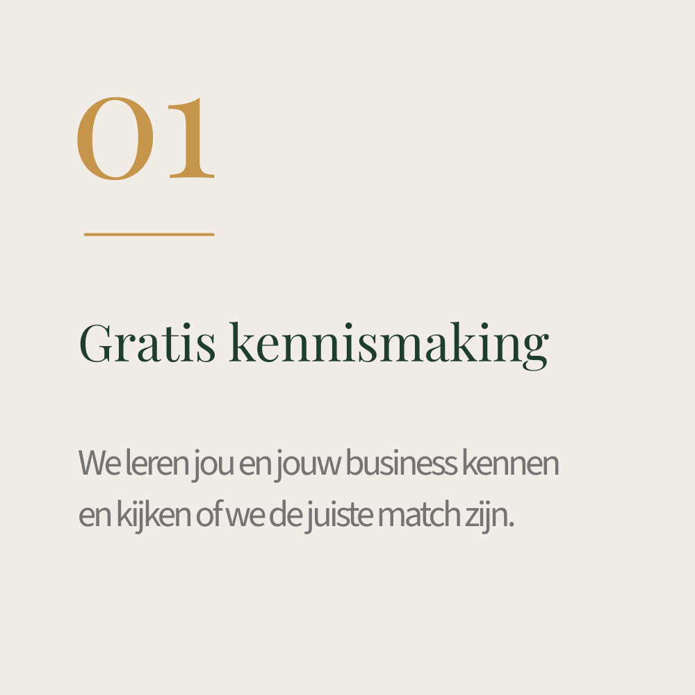 Een instructiepagina met de titel 'Gratis kennismaking' over het leren kennen van jouw business en het vinden van de juiste match.