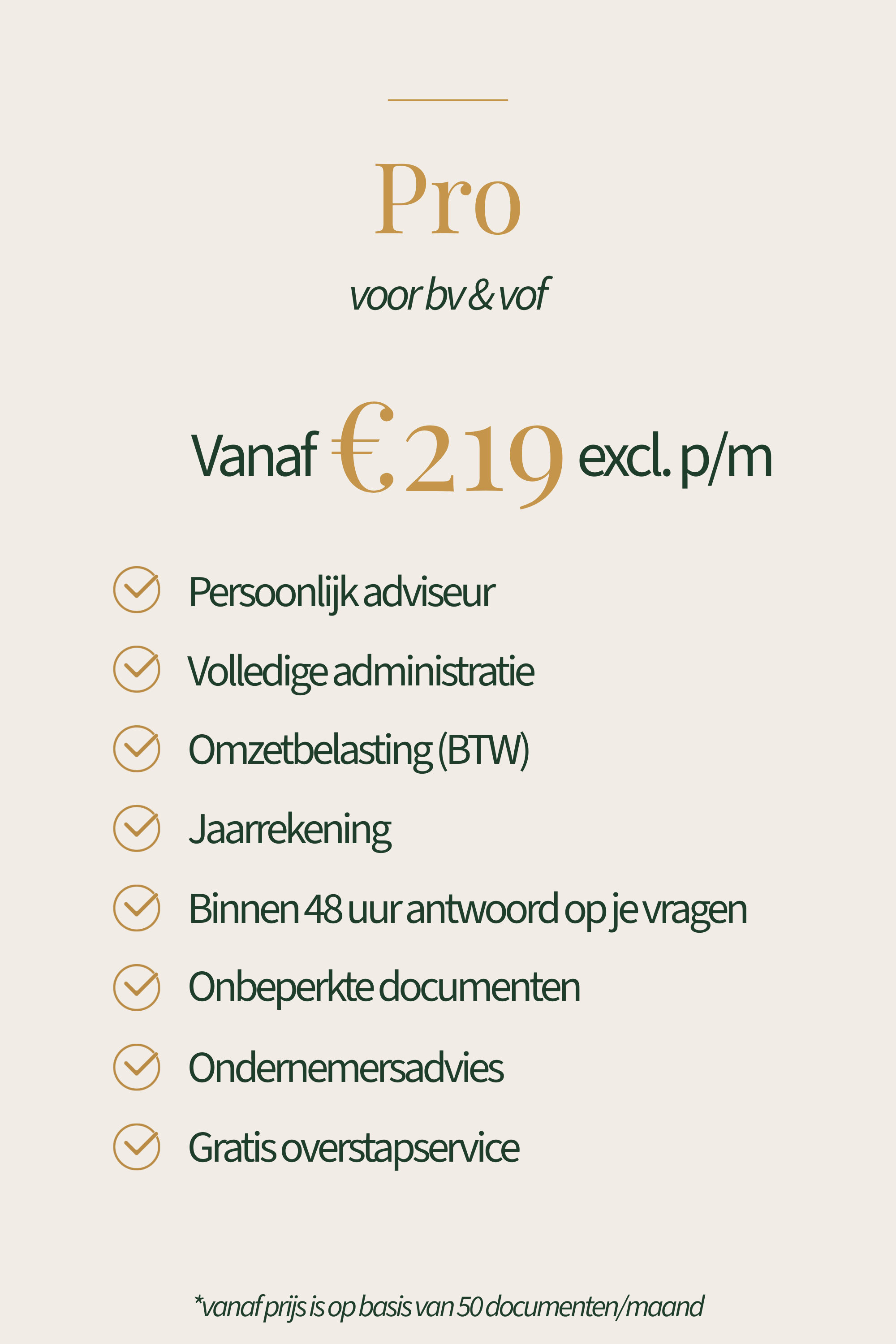 Advertentie voor zakelijke diensten met een kop die zegt 'Pro' en details over personeel en administratie, prijzen vanaf €219, inclusief diverse services.
